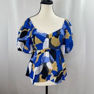 NINE WEST Womens Babydoll Puff Sleeve Floral Top. Blue Tan. Size Small N…